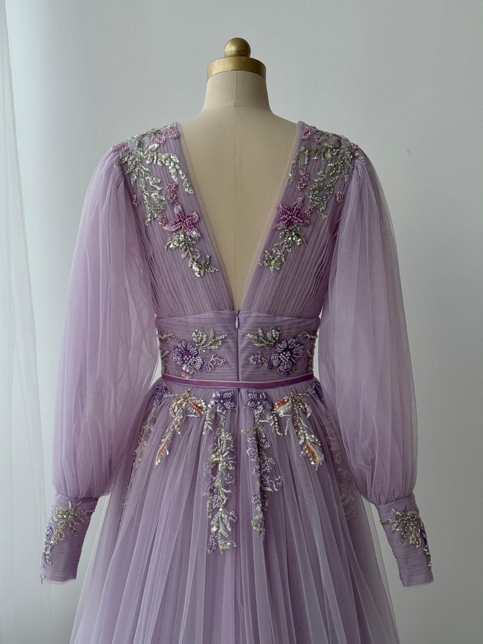 Purple A-Line gown with long sleeves, v-neck and embroidery
