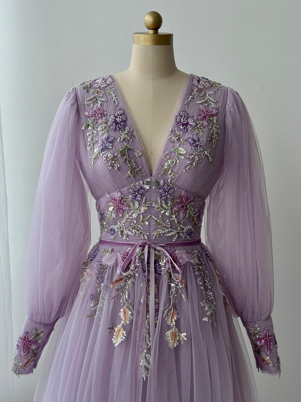 Purple A-Line gown with long sleeves, v-neck and embroidery