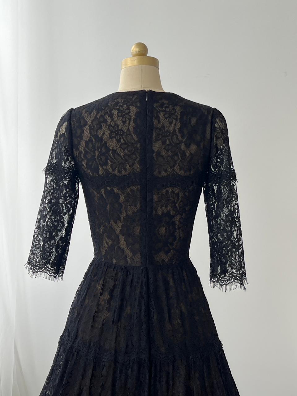 Black A-Line gown with lace, embroidered bow and short sleeves