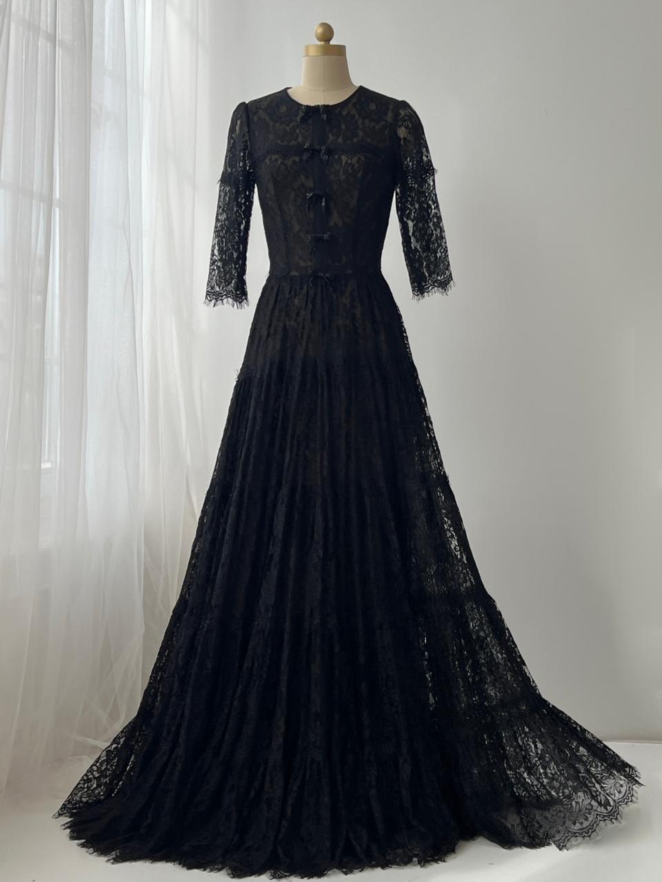 Black A-Line gown with lace, embroidered bow and short sleeves