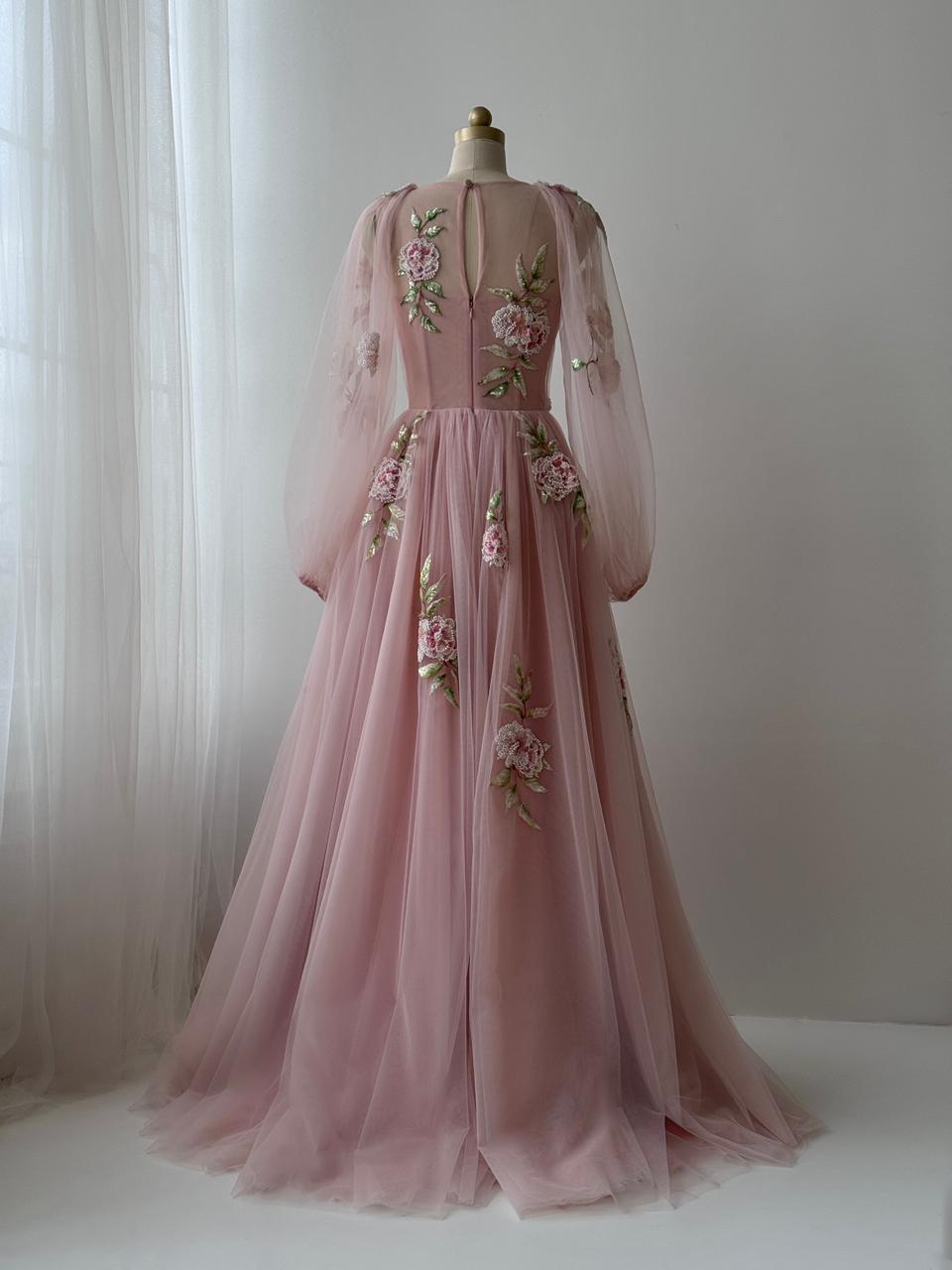 Pink A-Line gown with long sleeves, tulle fabric and embroidered flowers