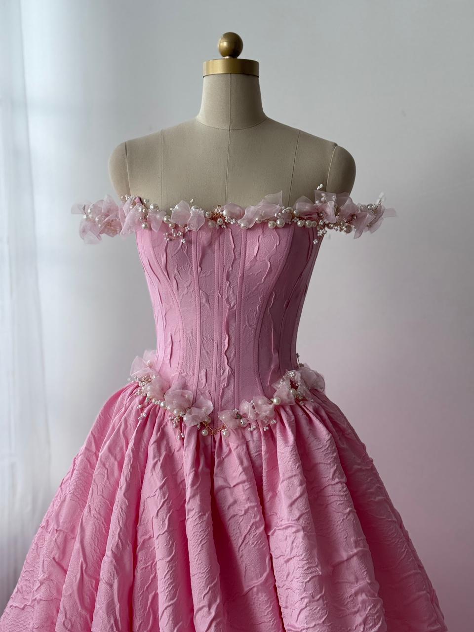 Pink A-Line gown with off the shoulder sleeves, embroidery and brocade fabric