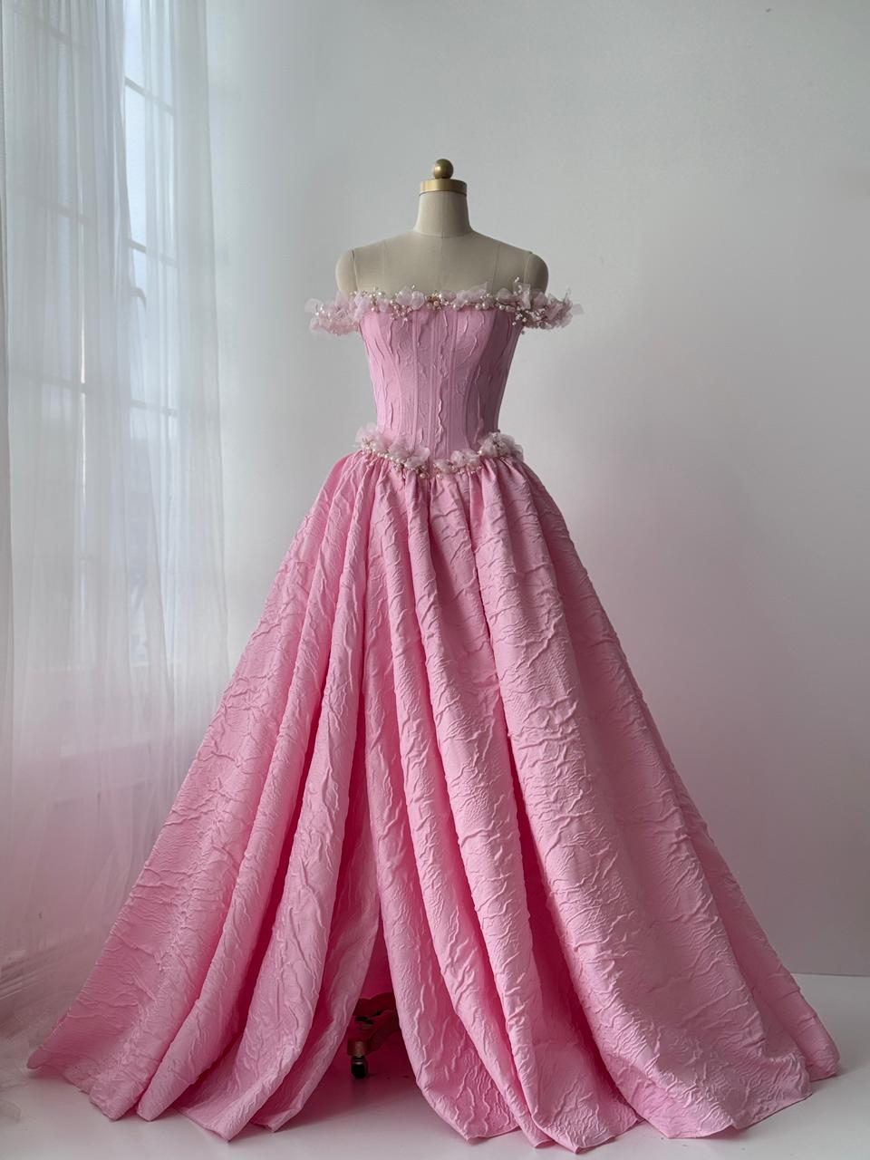 Pink A-Line gown with off the shoulder sleeves, embroidery and brocade fabric