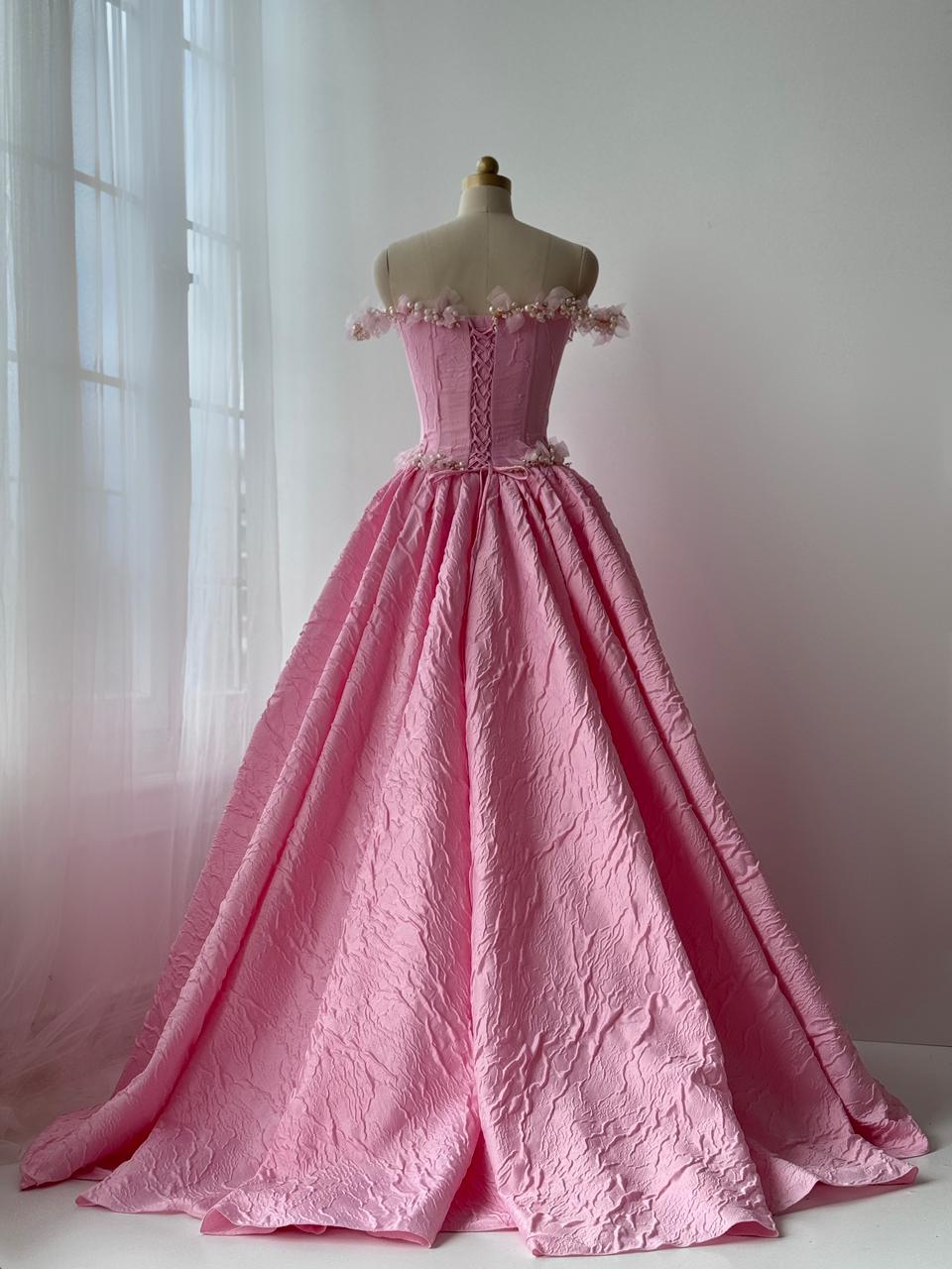 Pink A-Line gown with off the shoulder sleeves, embroidery and brocade fabric