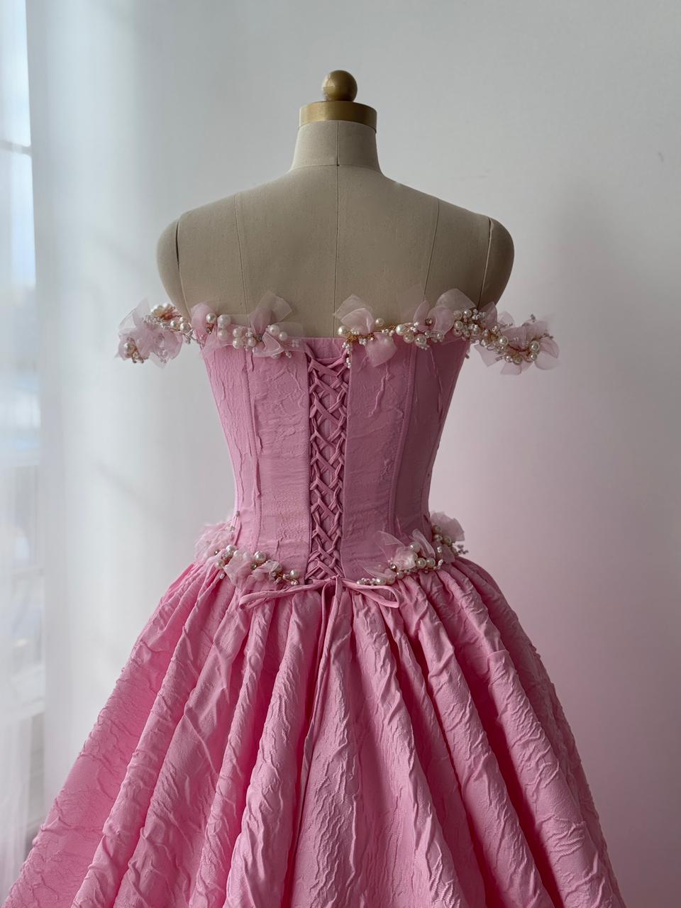 Pink A-Line gown with off the shoulder sleeves, embroidery and brocade fabric