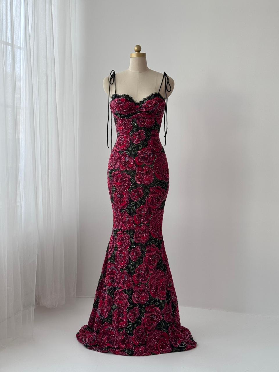 Red mermaid gown with embroidery and spaghetti straps