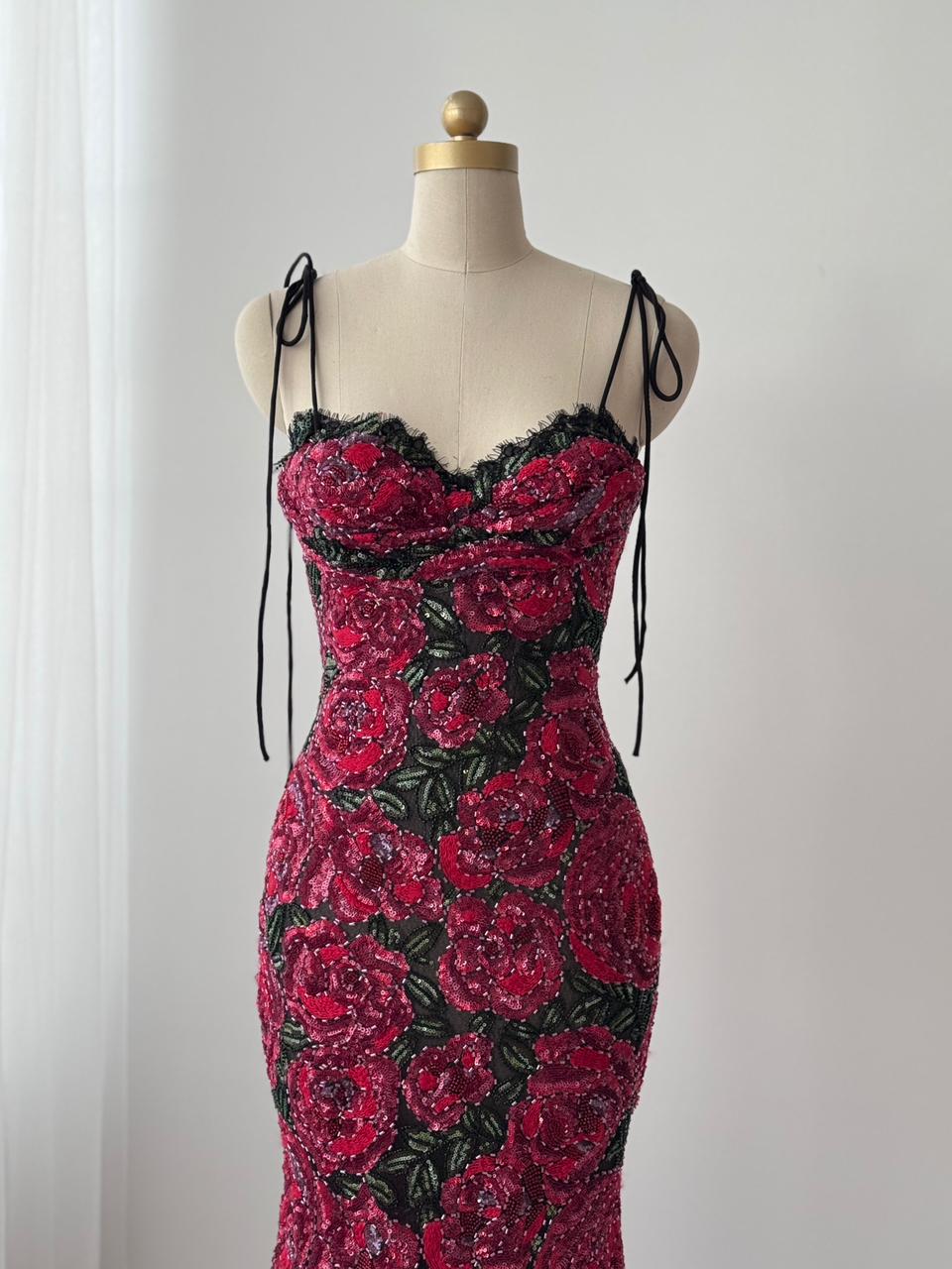 Red mermaid gown with embroidery and spaghetti straps