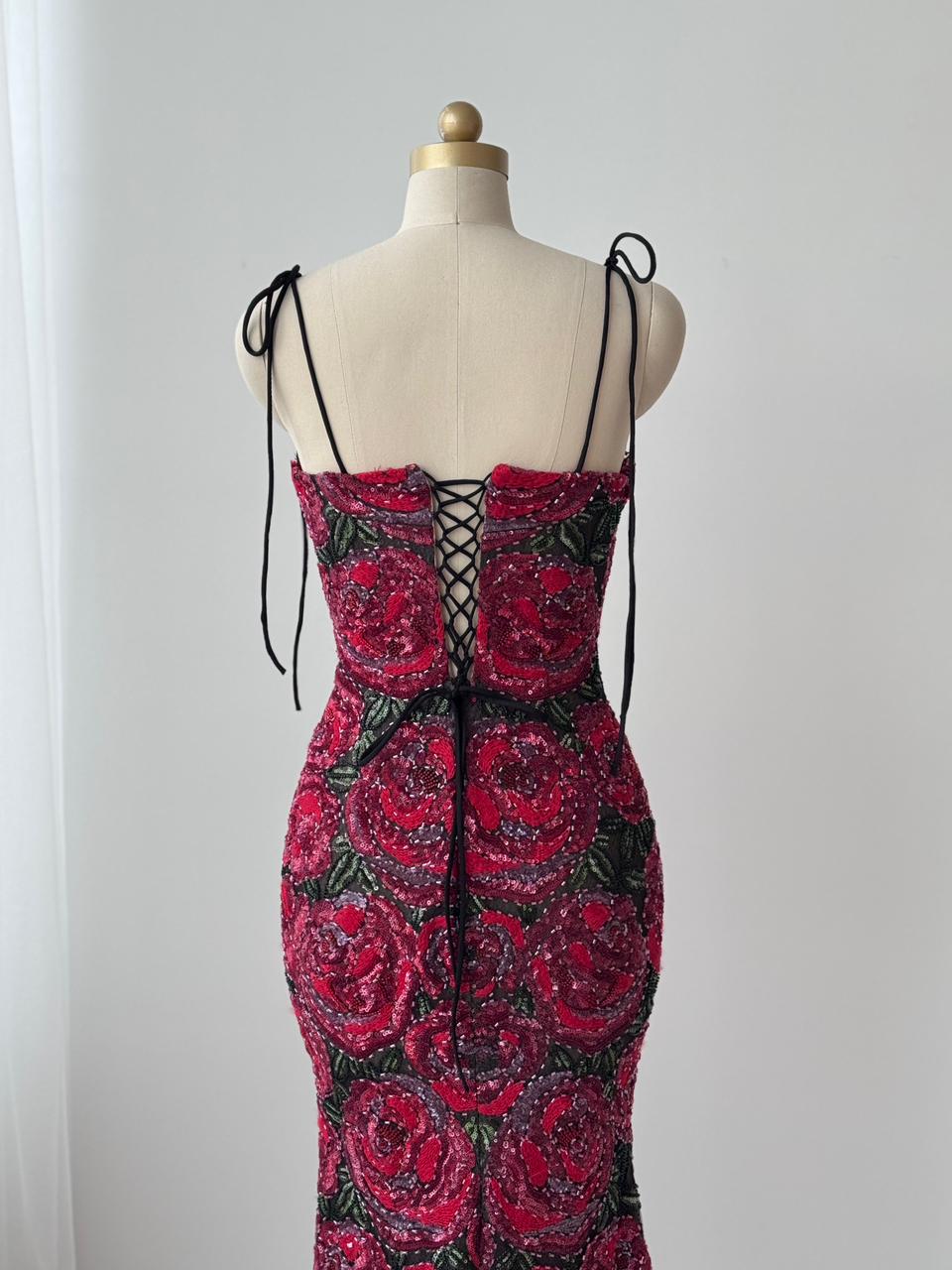 Red mermaid gown with embroidery and spaghetti straps