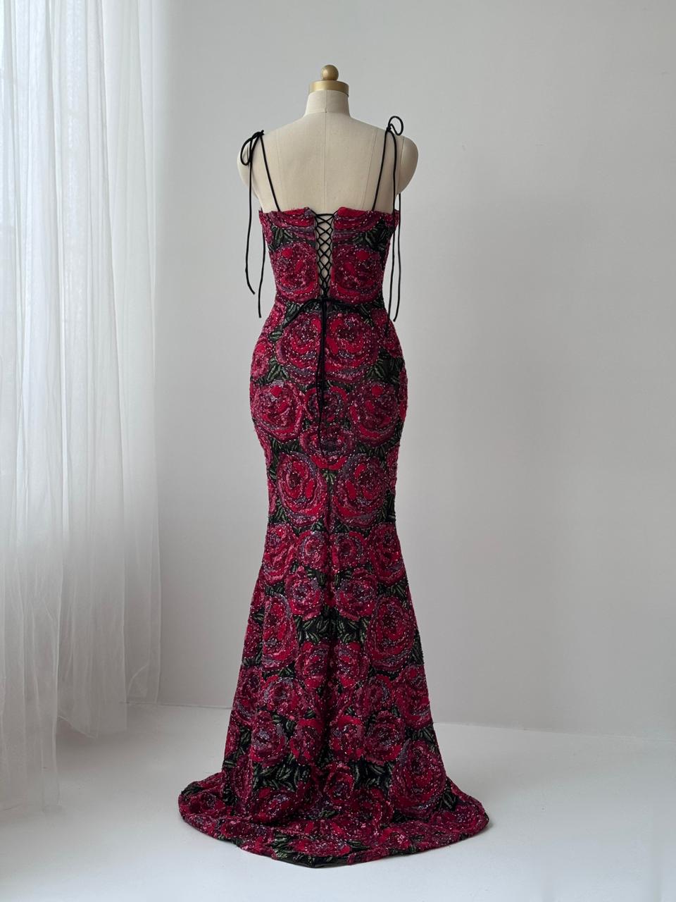 Red mermaid gown with embroidery and spaghetti straps