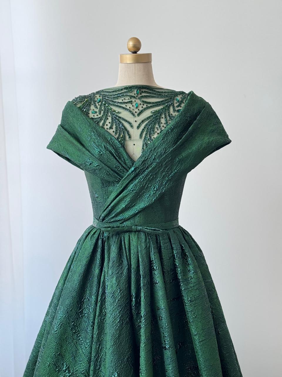 Green A-Line gown with shawl, short sleeves and brocade fabric