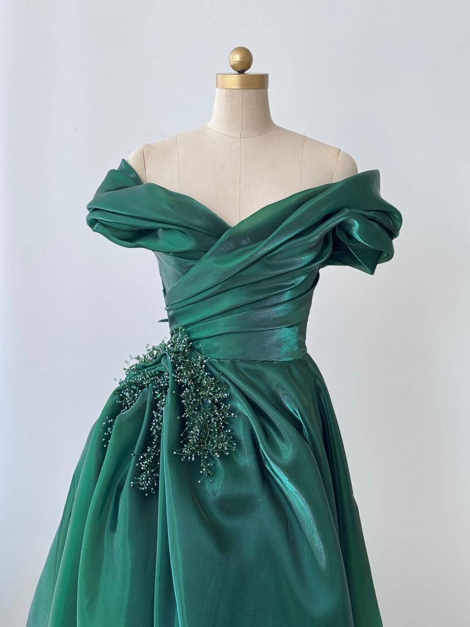 Green A-Line dress with off the shoulder sleeves, taffeta fabric and embroidery
