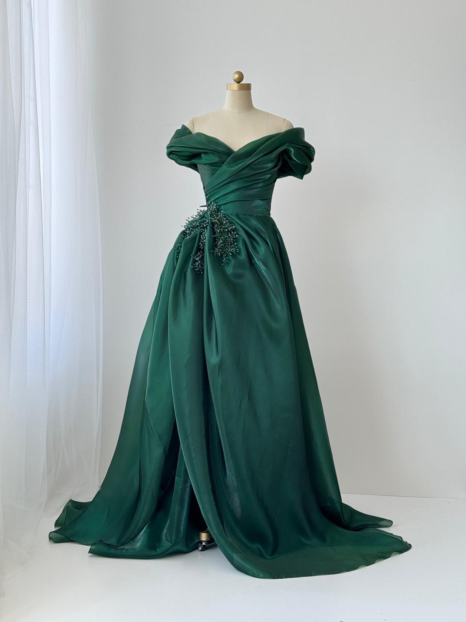 Green A-Line dress with off the shoulder sleeves, taffeta fabric and embroidery