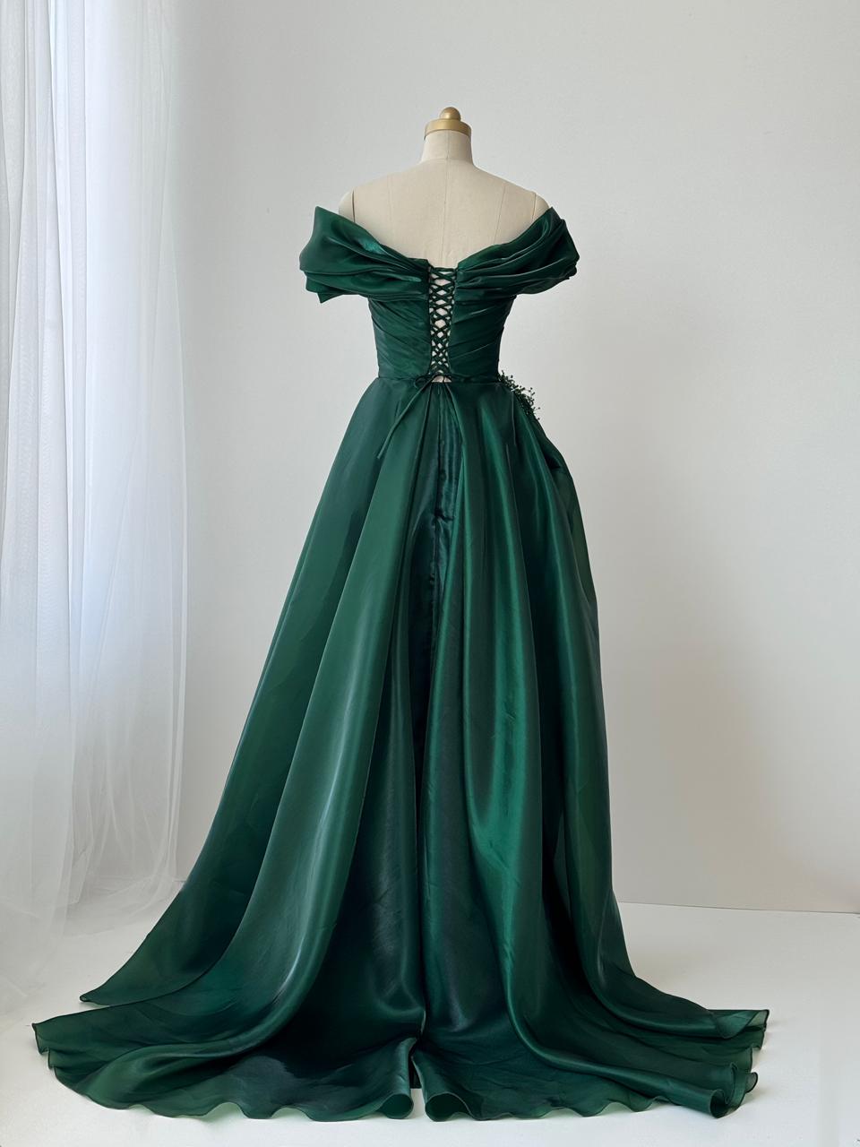 Green A-Line dress with off the shoulder sleeves, taffeta fabric and embroidery