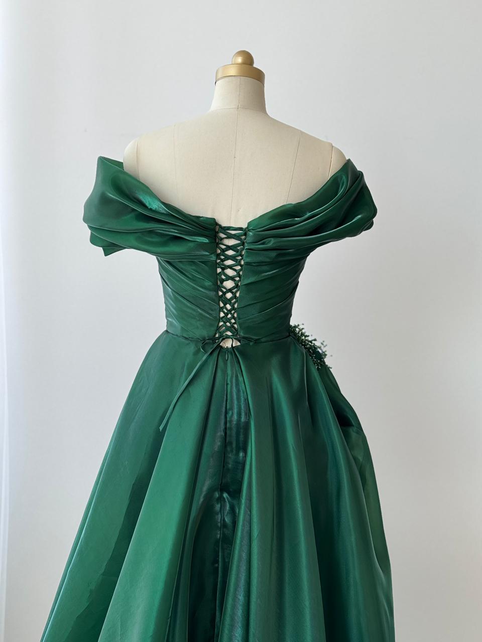 Green A-Line dress with off the shoulder sleeves, taffeta fabric and embroidery