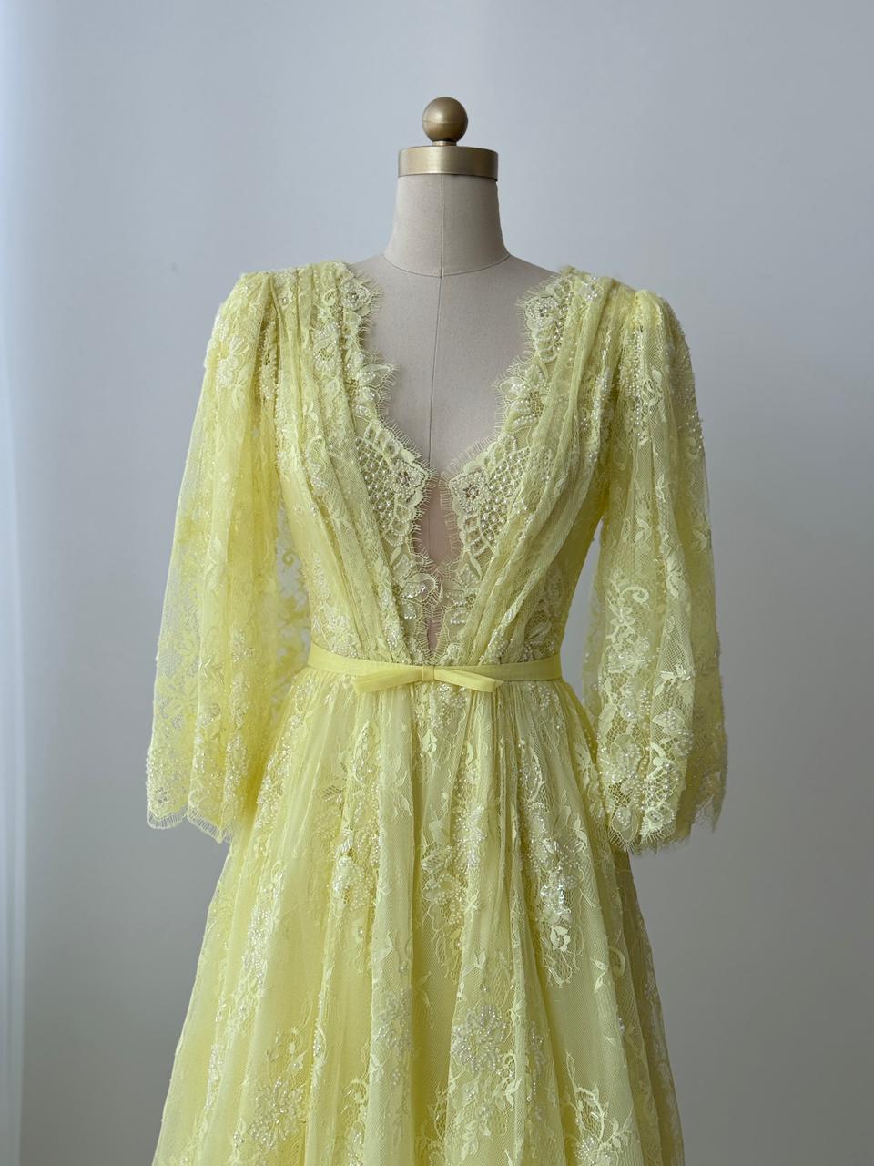 Yellow A-Line gown with v-neck, long sleeves and lace