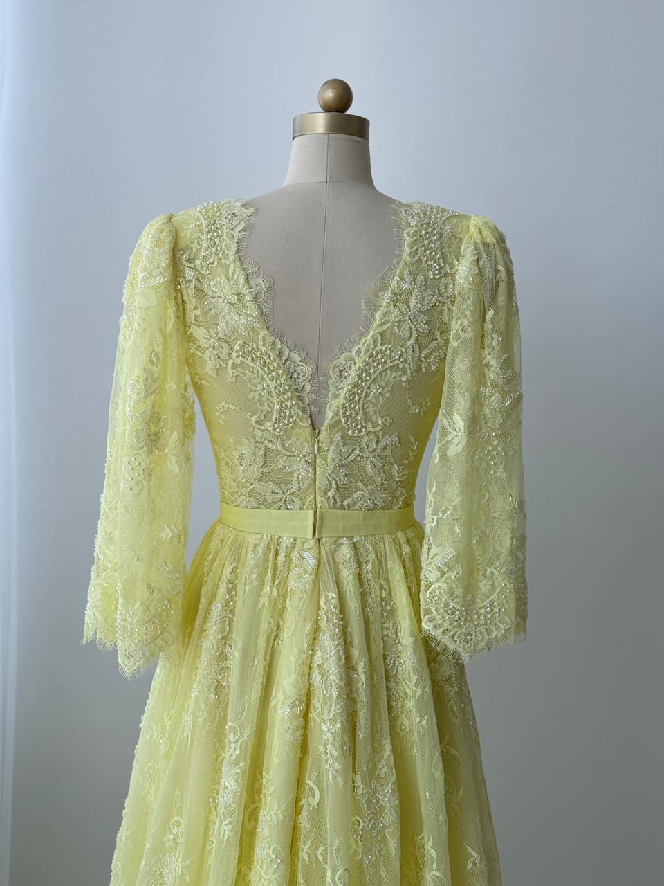 Yellow A-Line gown with v-neck, long sleeves and lace