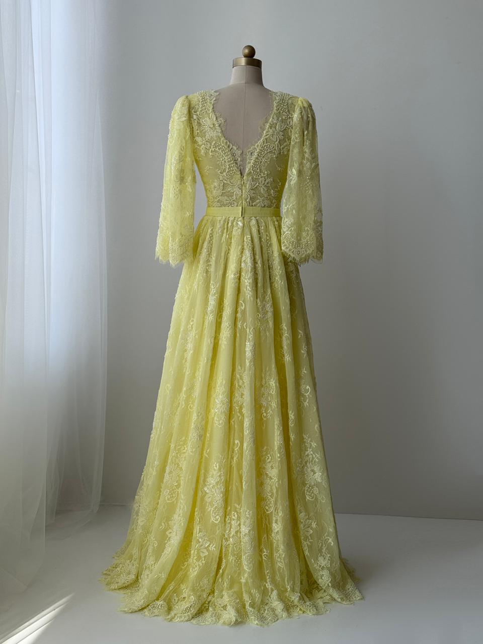 Yellow A-Line gown with v-neck, long sleeves and lace