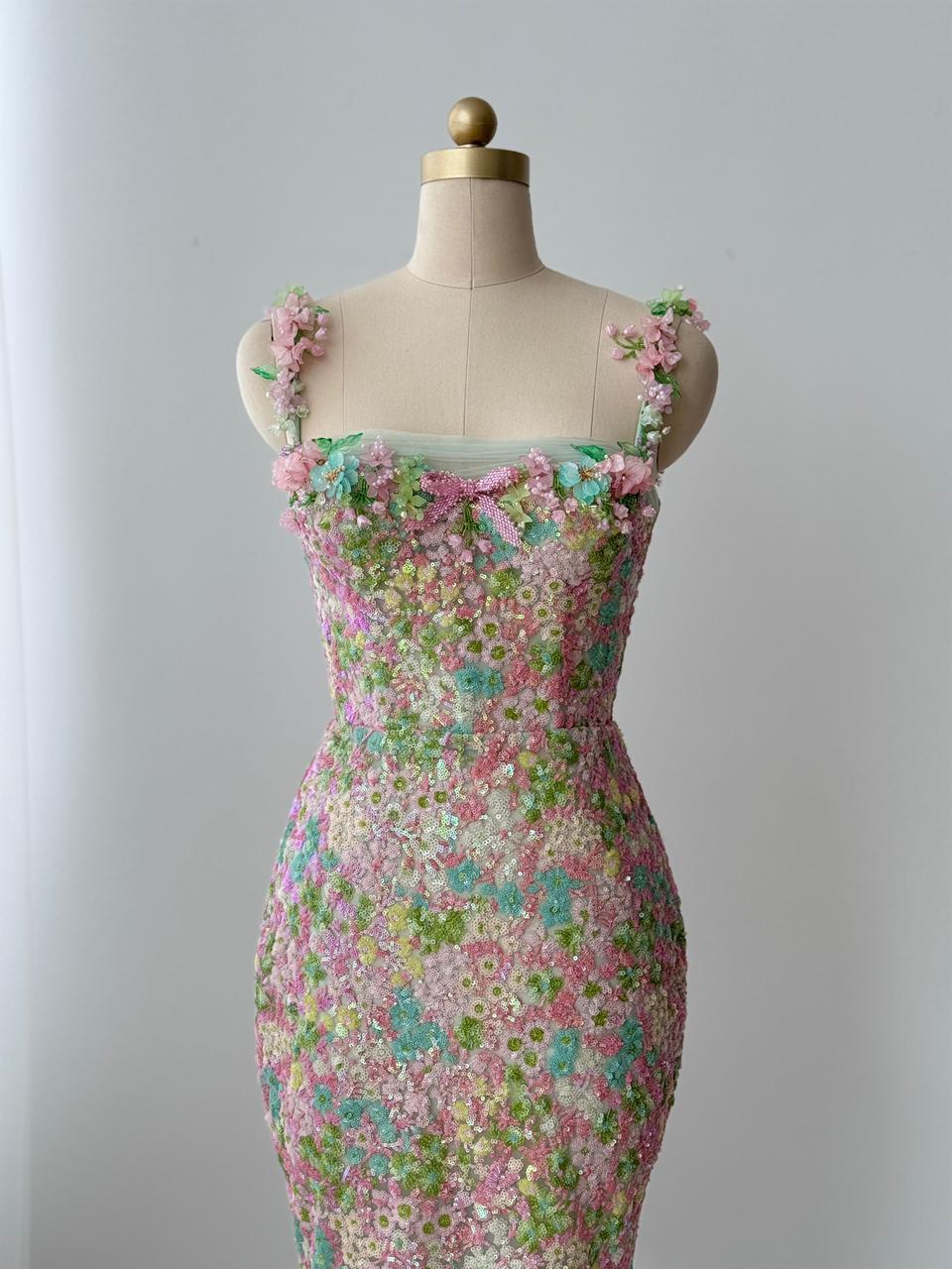 Colorful mermaid dress with sequins, straps and embroidery