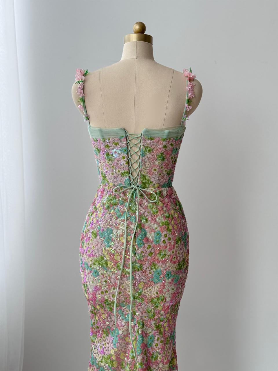 Colorful mermaid dress with sequins, straps and embroidery