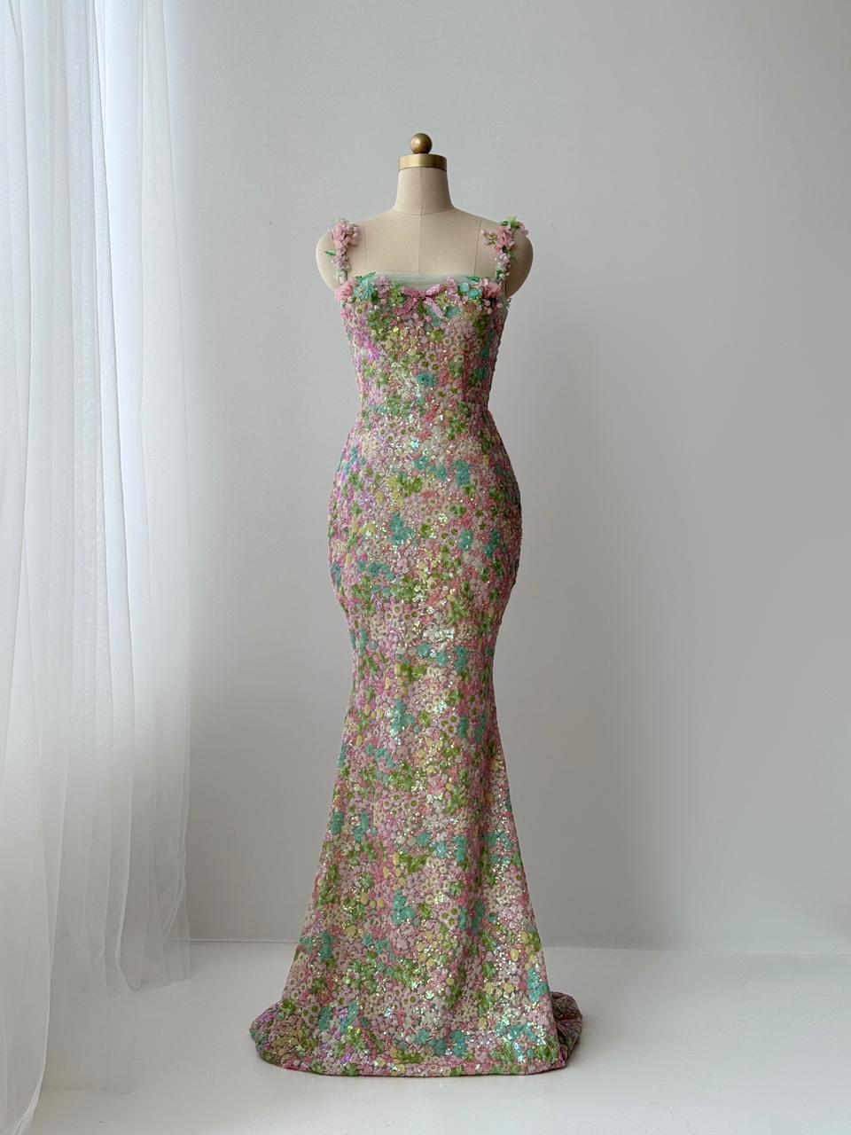 Colorful mermaid dress with sequins, straps and embroidery