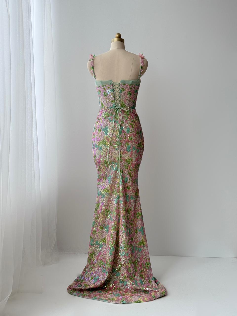 Colorful mermaid dress with sequins, straps and embroidery