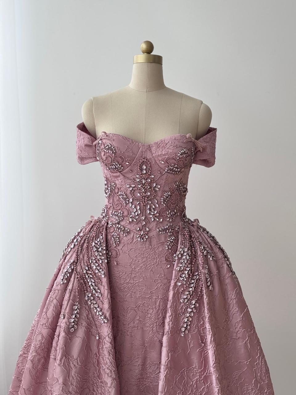 Pink A-Line gown with overskirt, off the shoulder straps and embroidery
