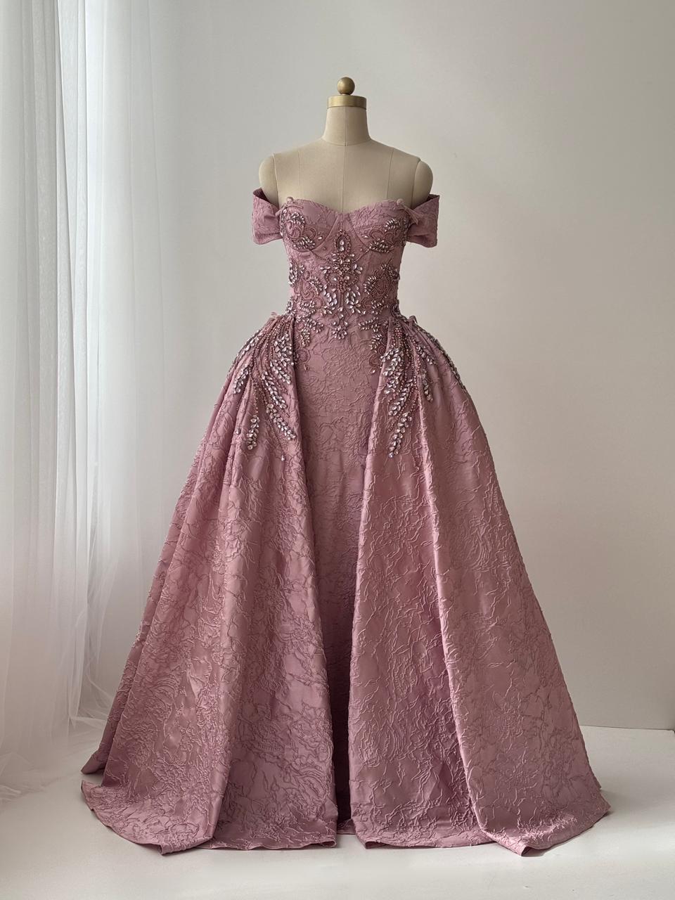 Pink A-Line gown with overskirt, off the shoulder straps and embroidery