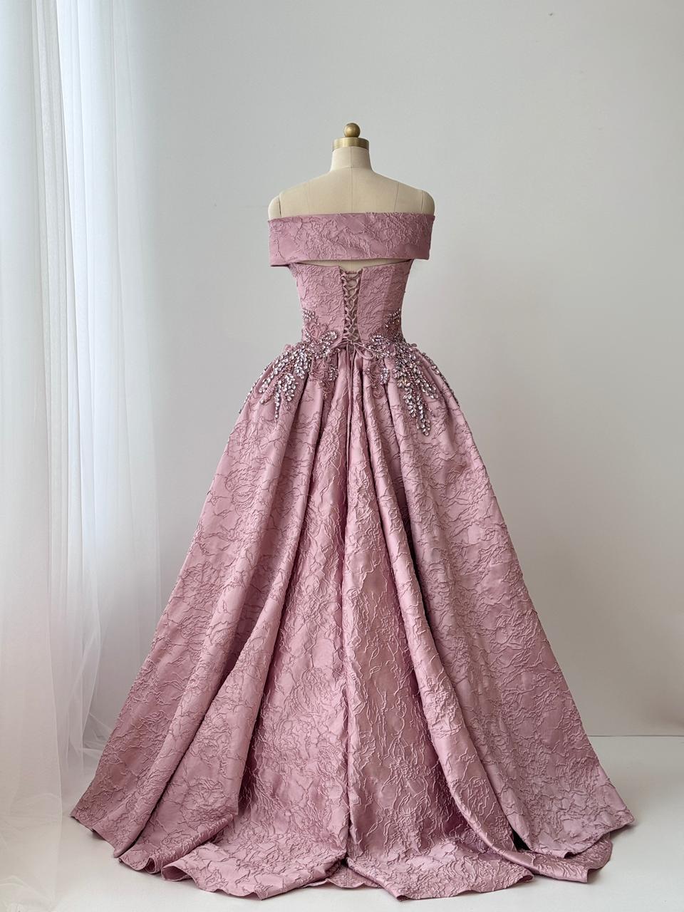 Pink A-Line gown with overskirt, off the shoulder straps and embroidery