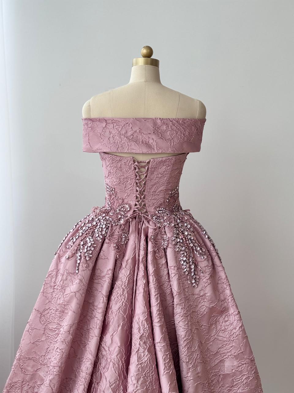 Pink A-Line gown with overskirt, off the shoulder straps and embroidery