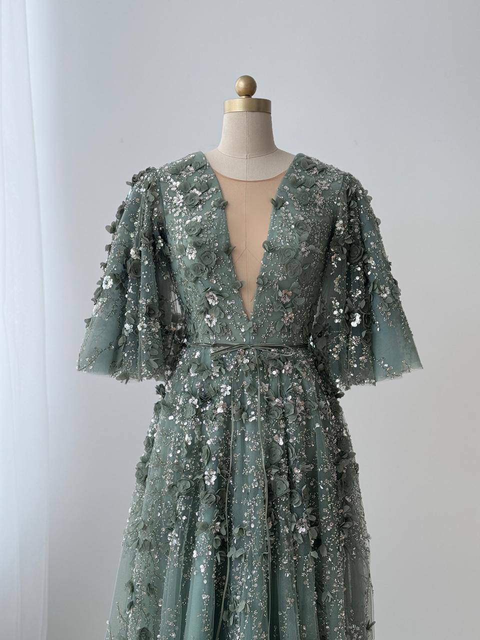 Olive color A-Line gown with short sleeves, v-neck and embroidery