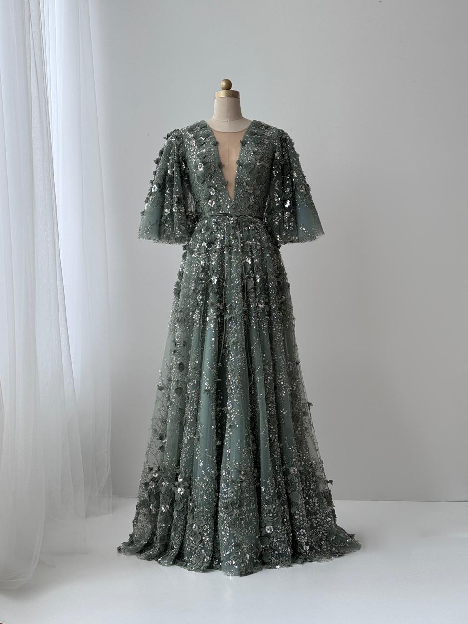 Olive color A-Line gown with short sleeves, v-neck and embroidery