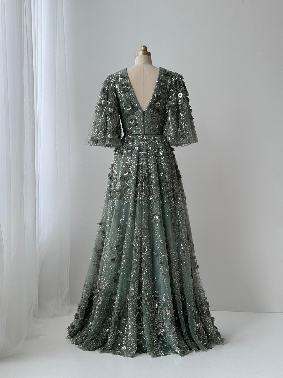 Olive Spring Flutter Gown– Teuta Matoshi