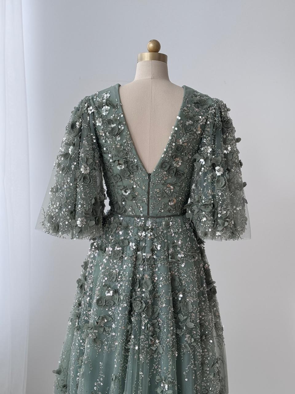 Olive color A-Line gown with short sleeves, v-neck and embroidery