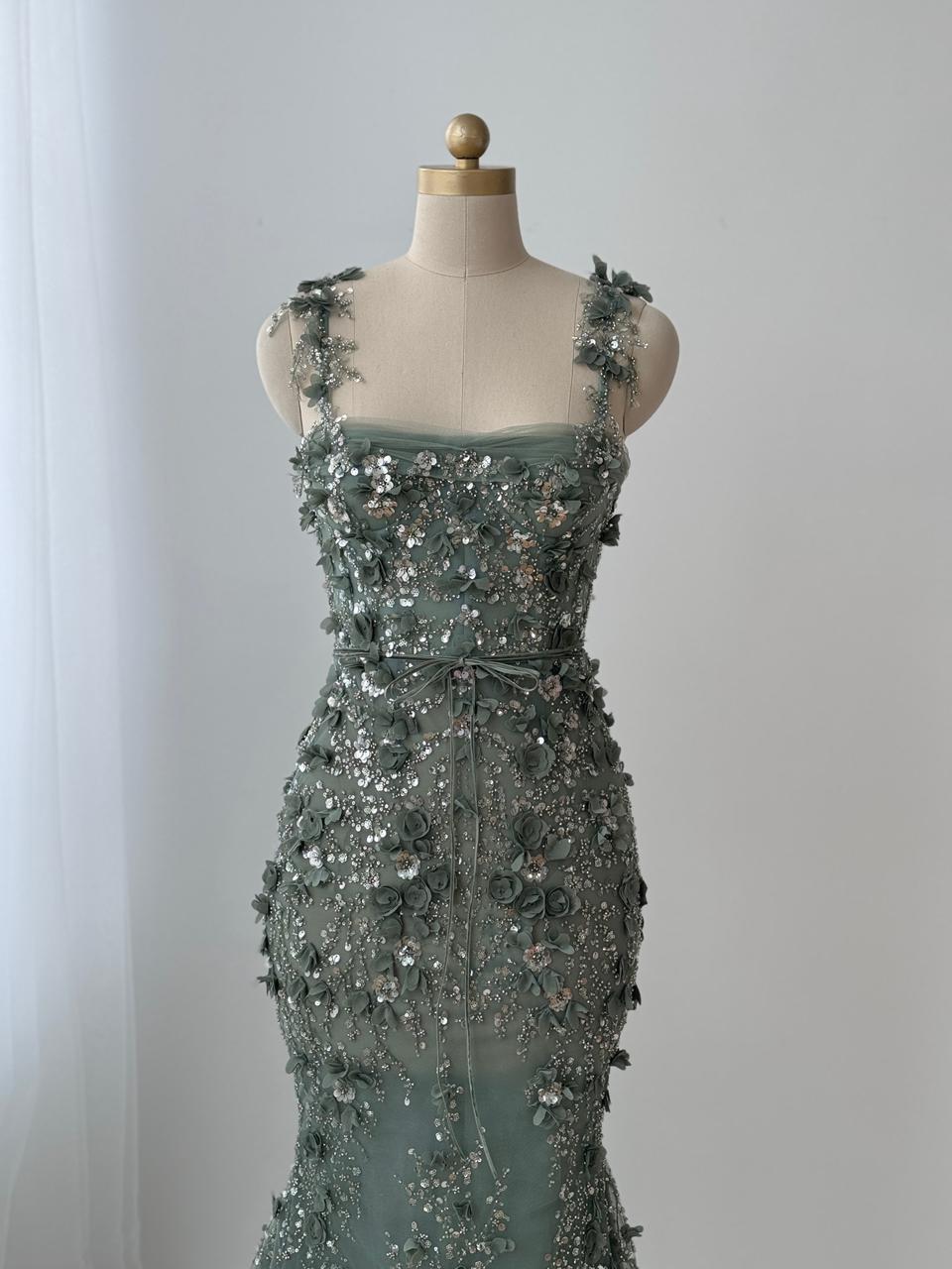 Olive color mermaid gown with straps and embroidery