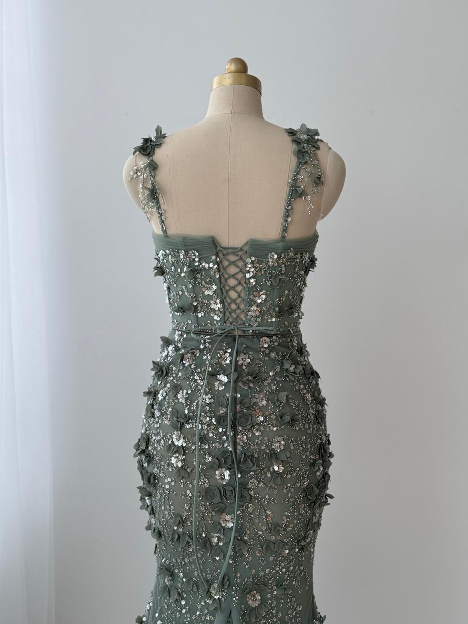 Olive color mermaid gown with straps and embroidery