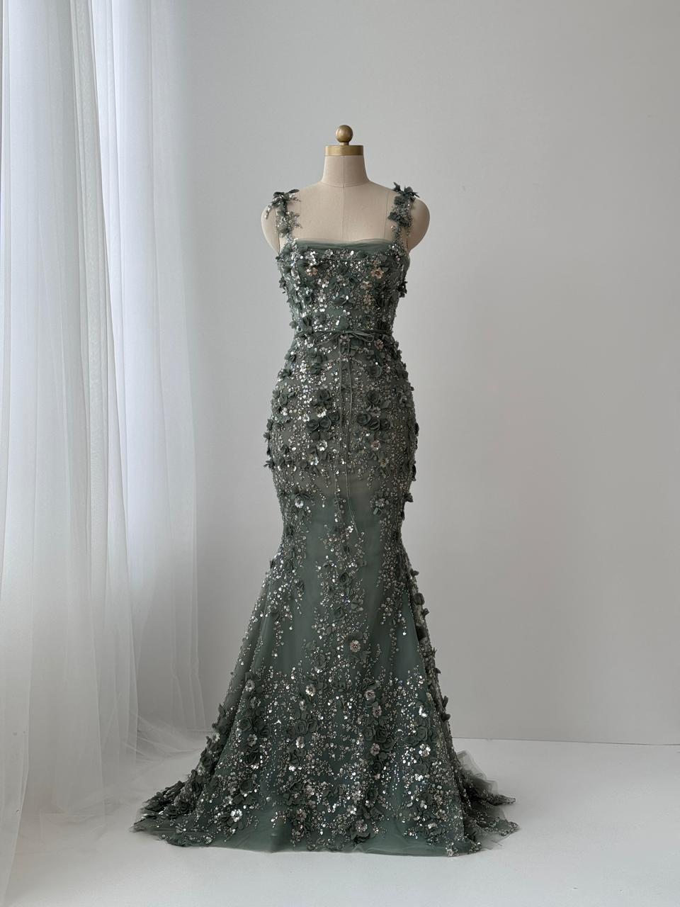 Olive color mermaid gown with straps and embroidery