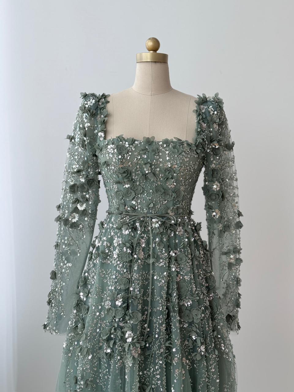 Olive color A-Line gown with long sleeves and embroidery