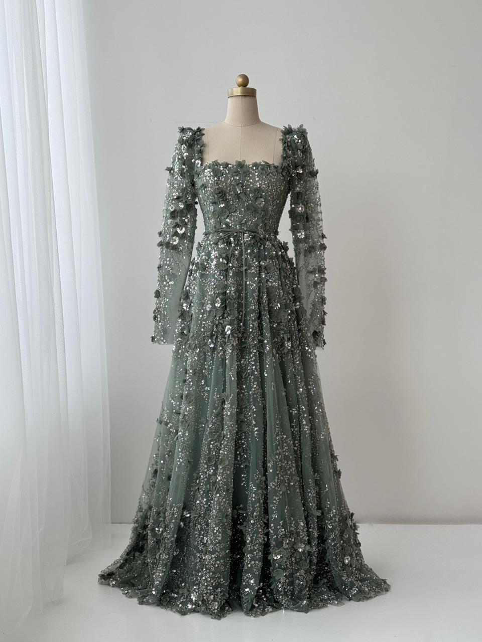 Olive color A-Line gown with long sleeves and embroidery