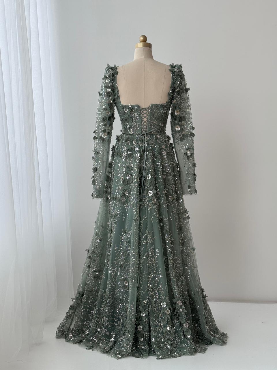 Olive color A-Line gown with long sleeves and embroidery