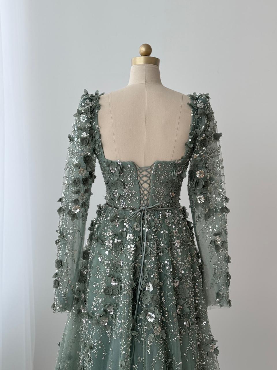Olive color A-Line gown with long sleeves and embroidery
