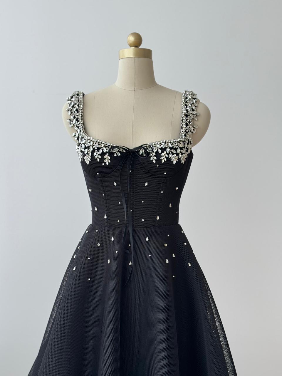 Black A-Line gown with straps and embroidery
