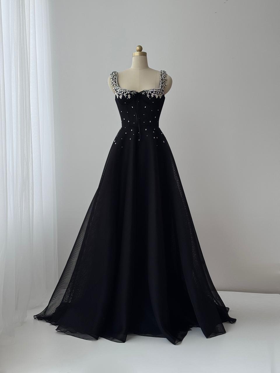 Black A-Line gown with straps and embroidery