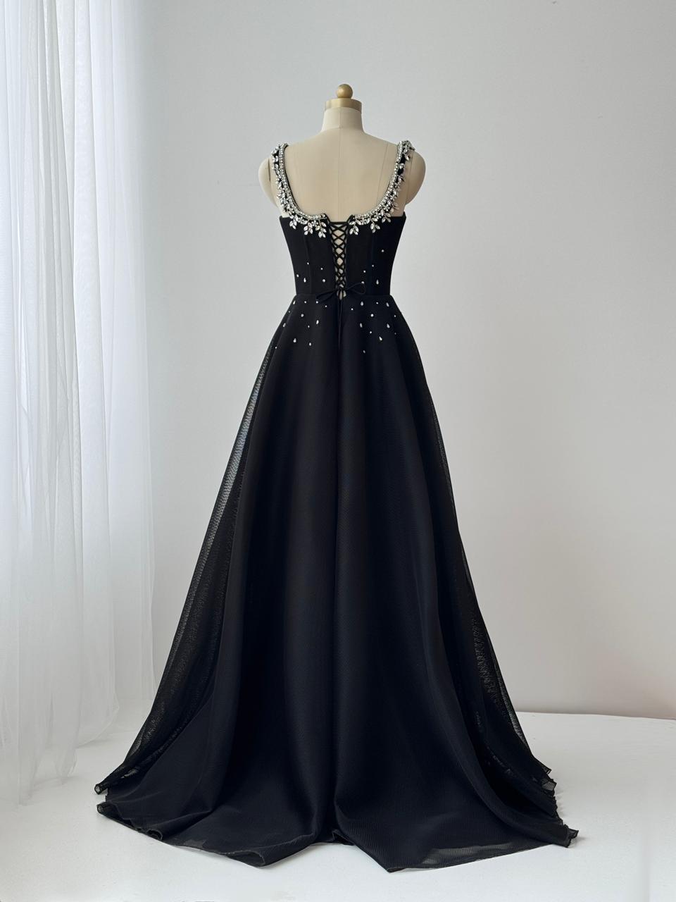 Black A-Line gown with straps and embroidery