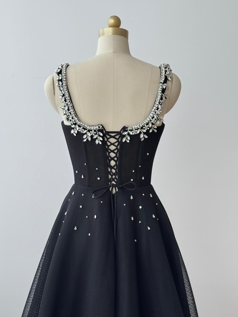 Black A-Line gown with straps and embroidery