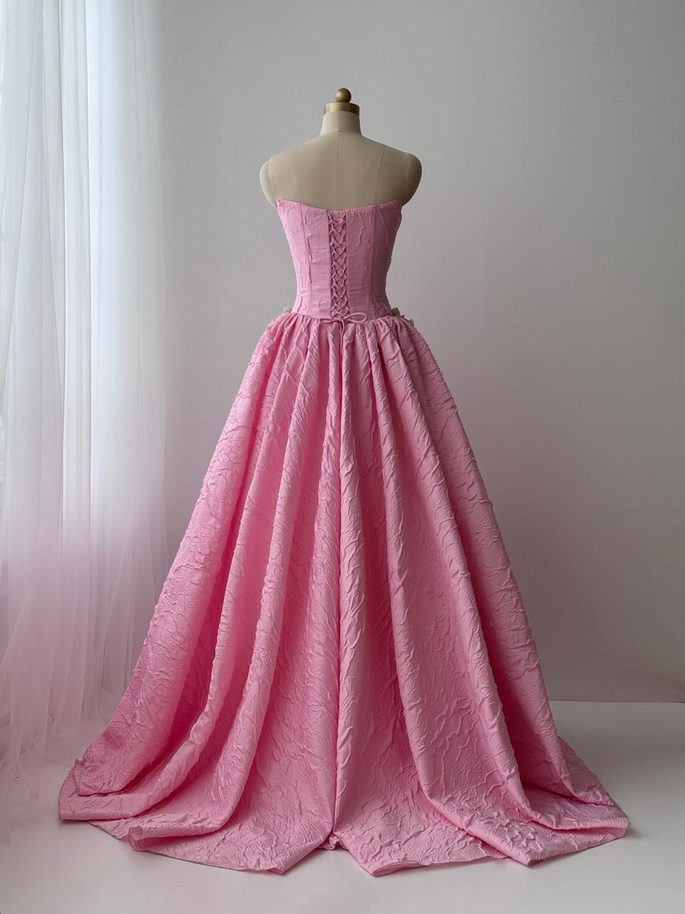Pink A-Line gown with brocade fabric, embroidery and no sleeves