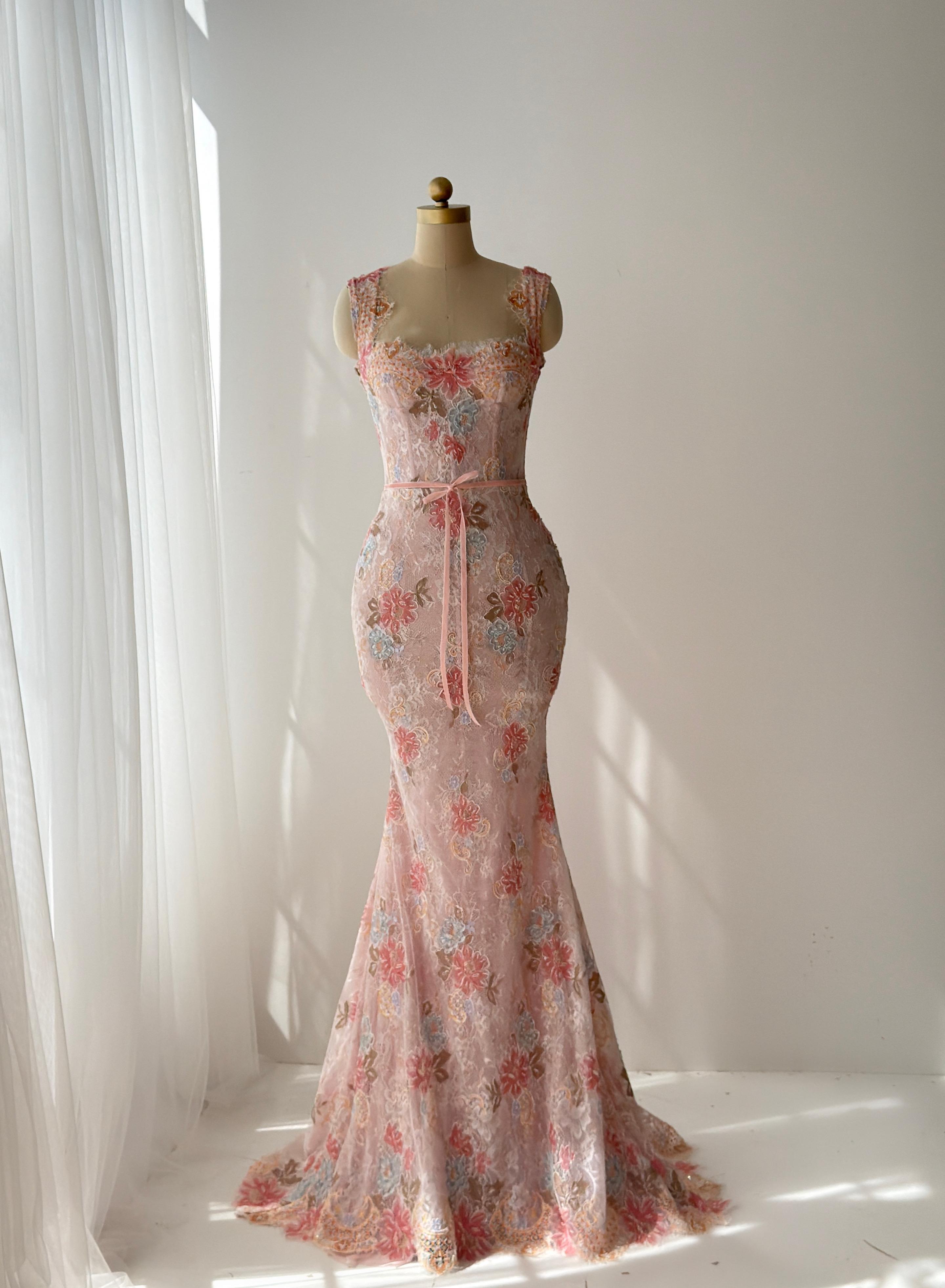 Pink mermaid gown with straps, floral lace and embroidery