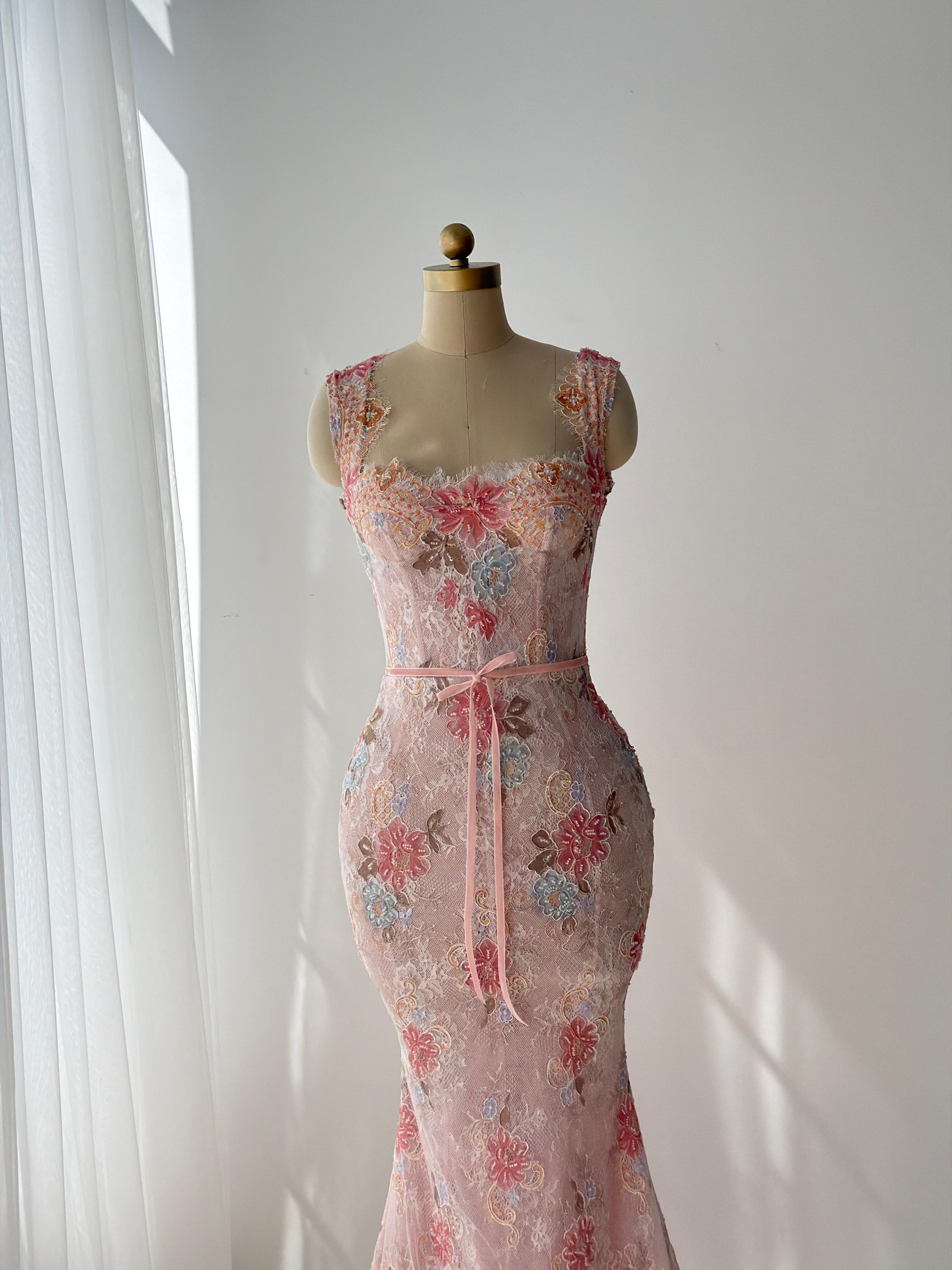 Pink mermaid gown with straps, floral lace and embroidery