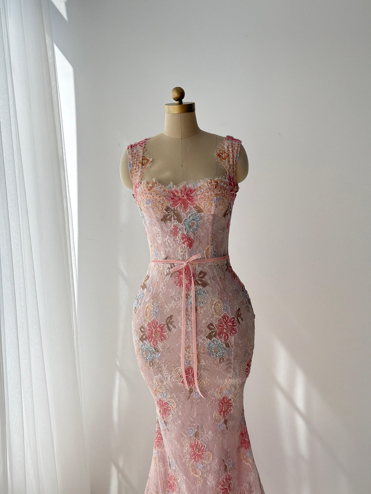 Pink mermaid gown with straps, floral lace and embroidery