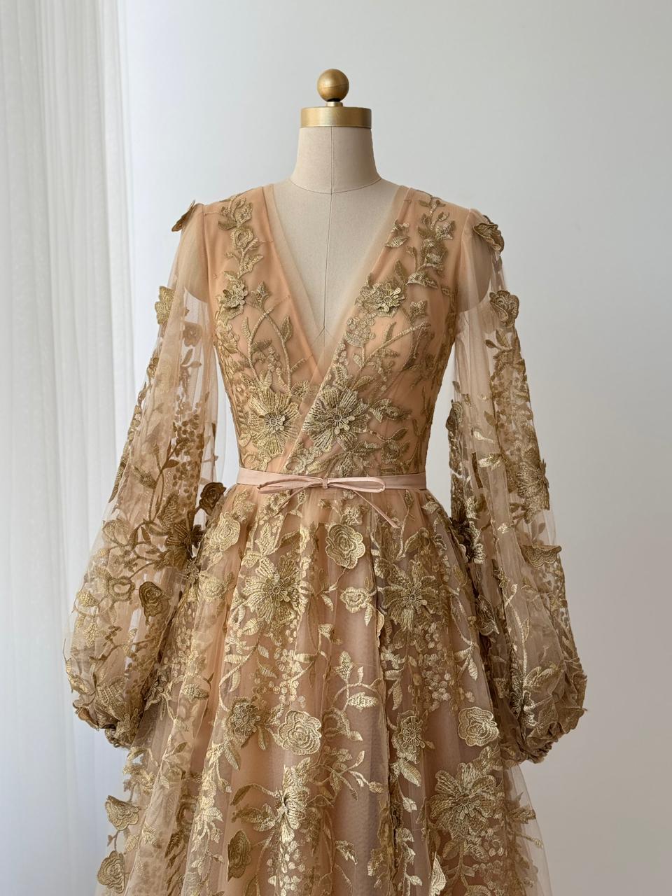 Vanilla A-Line gown with long sleeves, embroidery and v-neck