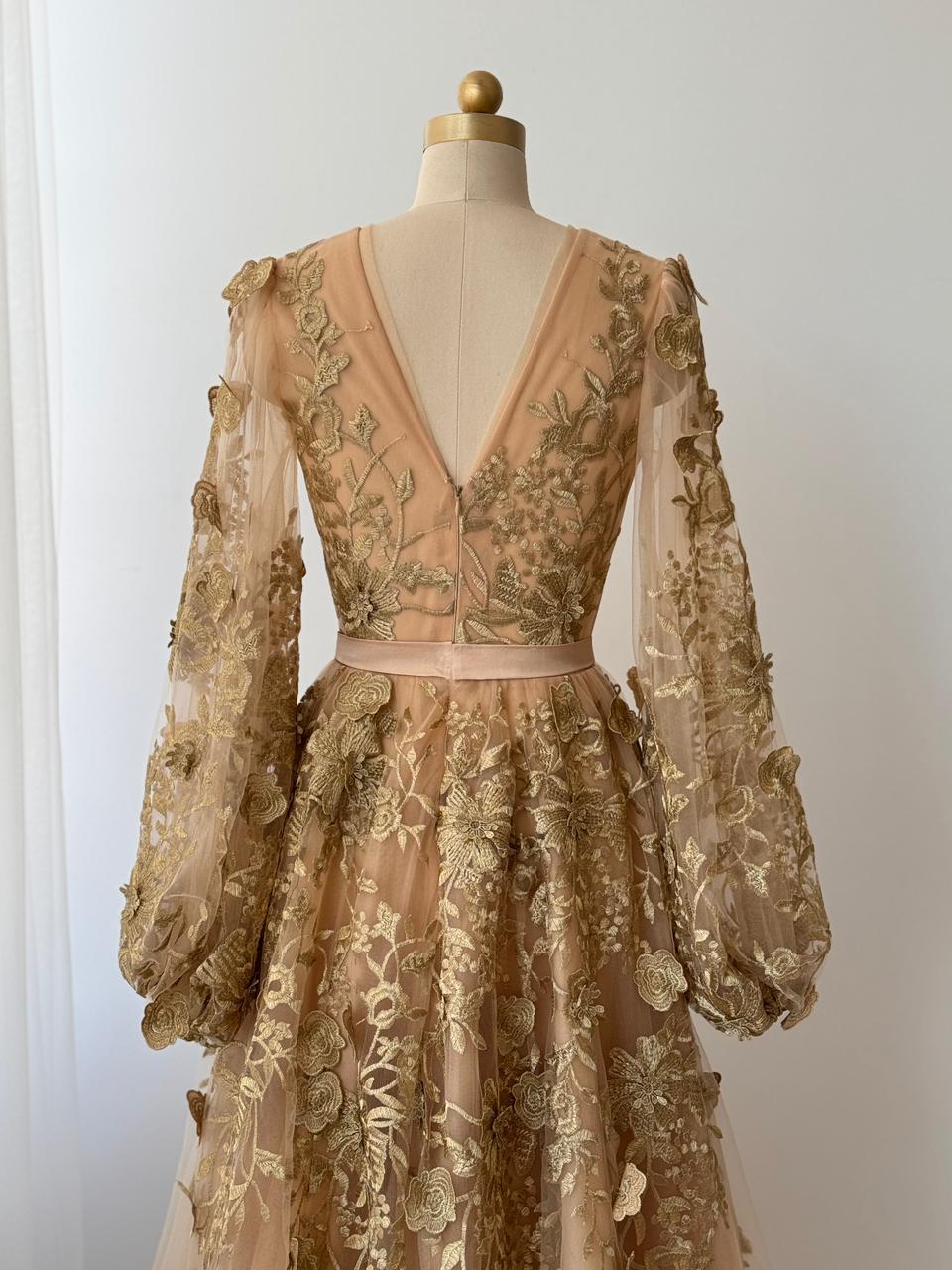 Vanilla A-Line gown with long sleeves, embroidery and v-neck